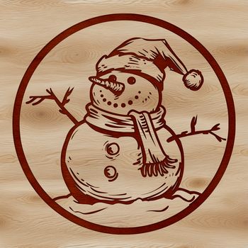 A winter scene featuring a snowman in the center surrounded by falling snowflakes.