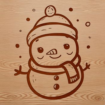 A festive snowman standing on a snowy ground with a hat and scarf.