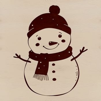 A cartoon snowman standing in a winter landscape made from vector shapes.