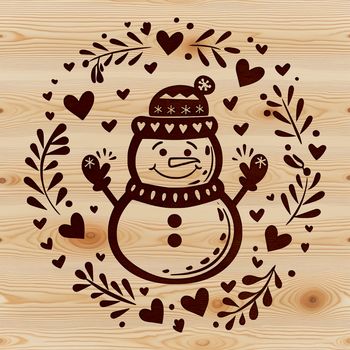 A whimsical winter snowman illustration with decorative love hearts.