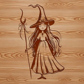 A stylized illustration of a witch's hat and broomstick against a dark background.