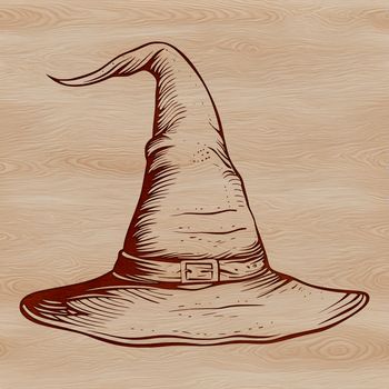 A dark, mystical illustration of a witch's hat and symbols associated with magic and the occult.