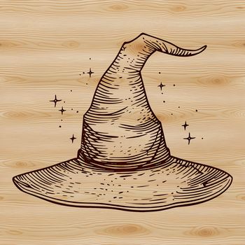 A witch's silhouette adorned with a pointed hat and surrounded by mystical symbols.
