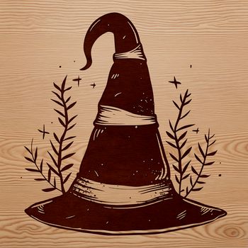 A digital illustration of a witch's hat and broomstick, symbolizing the practice of witchcraft on Halloween.