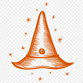 A mystical illustration of a witch's hat on a dark background, surrounded by various magical symbols and elements.