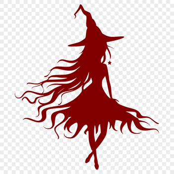 A silhouette illustration of a full-body witch in traditional attire, conveying mysticism and magic.