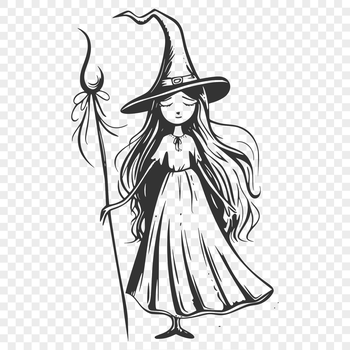 A detailed illustration of a witch in full body attire, surrounded by magical elements, evoking a sense of gothic mysticism.