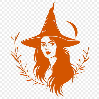 A stylized illustration of a witch with a pointed hat and broomstick.