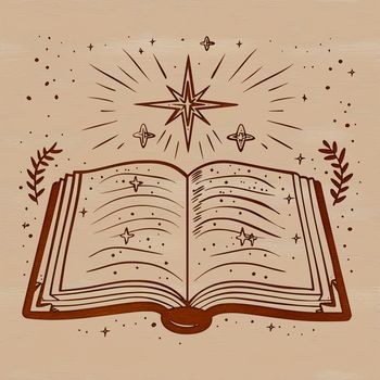 A mystical illustration of a witch's study with spell books and magical artifacts.