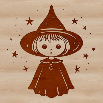 A mystical illustration of a witch standing in front of a cauldron, surrounded by magical symbols and potions.