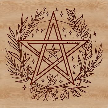A stylized illustration of a gothic-inspired pentagram within an ornate border, evoking themes of witchcraft and mystery.