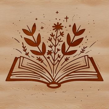 A witch surrounded by floral elements, casting a spell from her leather-bound book.