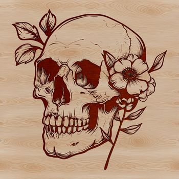 A woman surrounded by a floral wreath with a skull centerpiece, evoking themes of witchcraft and Halloween-inspired decor.