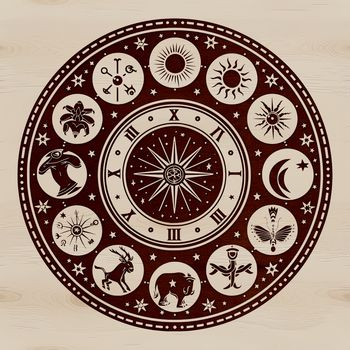 A witchcraft symbol illustrated in ornate gothic style, featuring a mystical zodiac element.