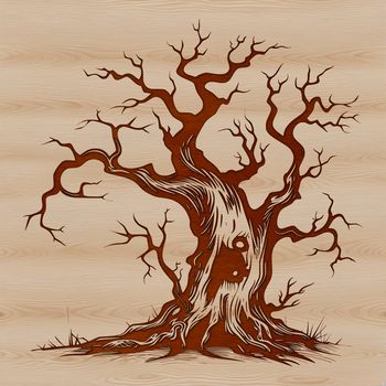 Illustrative depiction of a spooky tree surrounded by elements associated with witchcraft and the Halloween season.