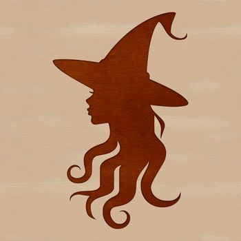 A silhouette of a witch's head, adorned with magical symbols, set against a dark background.
