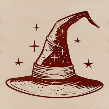 A stylized illustration of a witch's hat with candles and magical symbols.