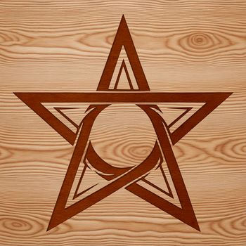 A gothic-style illustration featuring a witch's pentagram symbol surrounded by mystical elements.
