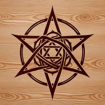 A witchcraft-themed design featuring a stylized pentagram symbol surrounded by mystical elements.