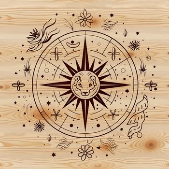 A stylized illustration of a witch's symbol, featuring intricate details and ornate elements.