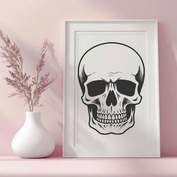 A gothic illustration of a witch surrounded by skulls and mystical elements, suitable for Halloween decor and design.