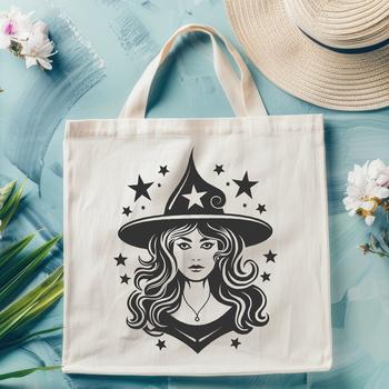 A stylized illustration of a witch's head with ornate details, symbolizing the mystical practice of witchcraft.