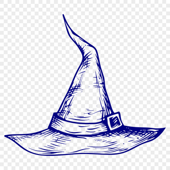A witch's head with a pointed hat and mysterious expression, surrounded by autumnal foliage.