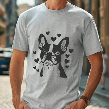 A stylized illustration of a happy Boston Terrier with love hearts surrounding its head.