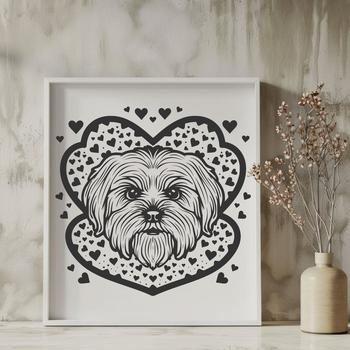 A small breed dog with a sweet expression, designed as vector art featuring love hearts on its head.