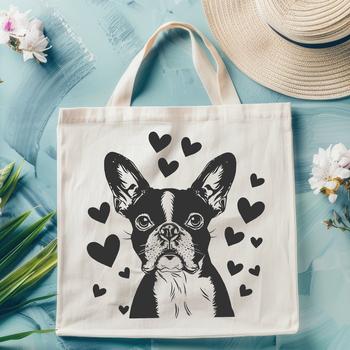 A stylized illustration of a friendly-looking Boston Terrier with heart-shaped accents on its head.