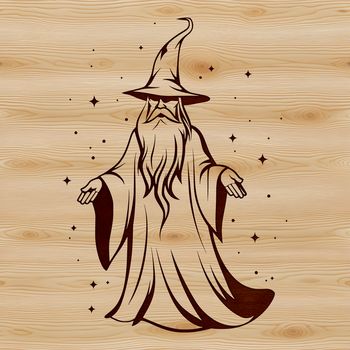A medieval-style wizard stands in front of a mystical background, surrounded by magical elements.