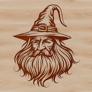 A digital illustration of a wizard with a pointed hat and long white beard, suitable for fantasy-themed designs.