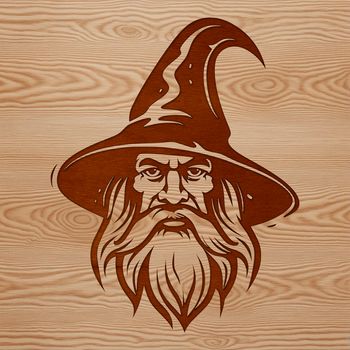 A depiction of a wizard with a pointed hat on his head, surrounded by magic and fantasy elements.