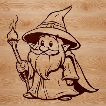 A medieval-style wizard with a pointed hat and long beard, surrounded by magical elements, in a vector format.