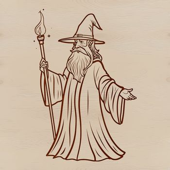 A fantasy wizard character standing in front of a mystical background, featuring magical elements and intricate details.