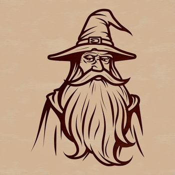 A stylized illustration of a wizard's head with magical elements surrounding it.