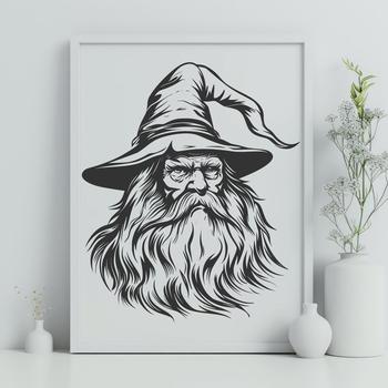 Illustration of a fantasy wizard's head with magic hat and beard, suitable for vector art designs.