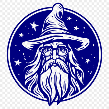 A medieval-style wizard with a pointed hat and long beard stands in front of a mystical background.