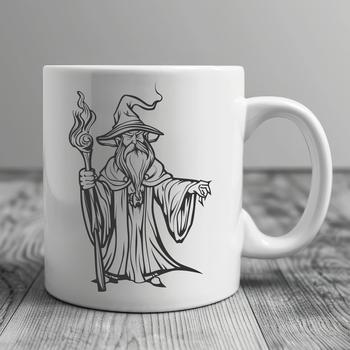 A full-body illustration of a fantasy wizard in medieval attire, complete with magic hat and staff.
