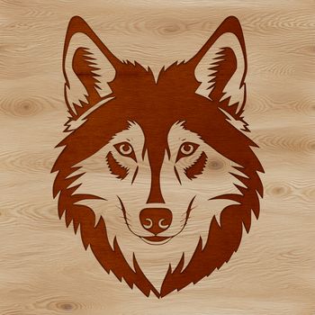 A detailed illustration of a wolf's head, featuring sharp facial features and fur texture.