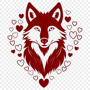 A digital illustration of a wolf's head featuring love hearts around it.