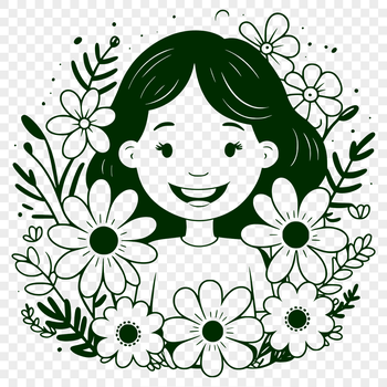 A stylized illustration of a woman surrounded by floral elements.
