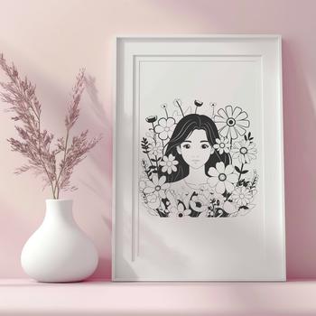 A simple illustration of a woman surrounded by flowers and foliage.