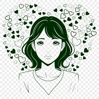 A simple illustration of a woman surrounded by love hearts.