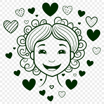 A vector illustration of a smiling woman surrounded by love hearts.