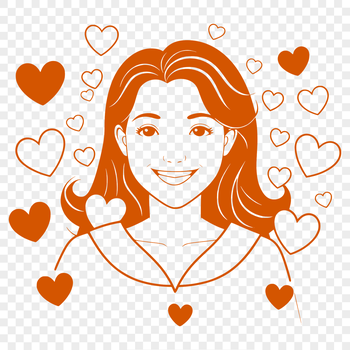 Vector illustration of a woman with hearts surrounding her face.