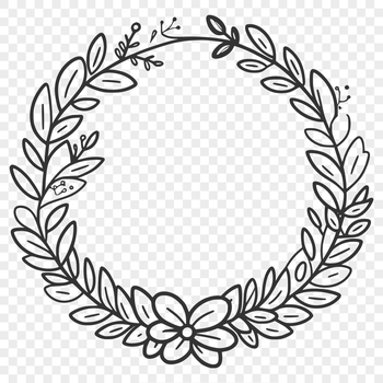 A floral wreath made up of intertwined leaves and flowers in a symmetrical design.