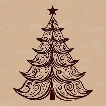 A classic illustration of a green fir tree adorned with ornaments and lights during the holiday season.