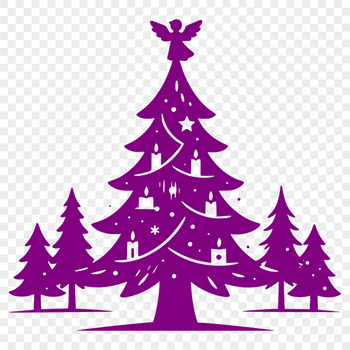 A stylized digital illustration of a Christmas tree in various shades of green and festive ornaments.