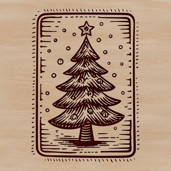 A stylized illustration of a Christmas tree with green foliage and ornaments.